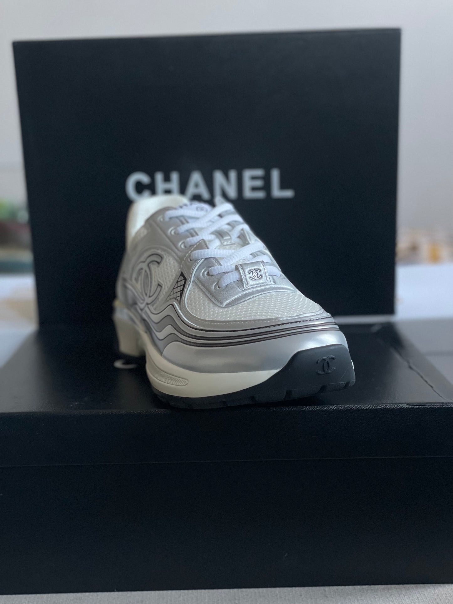 Chanel CC Logo White Silver