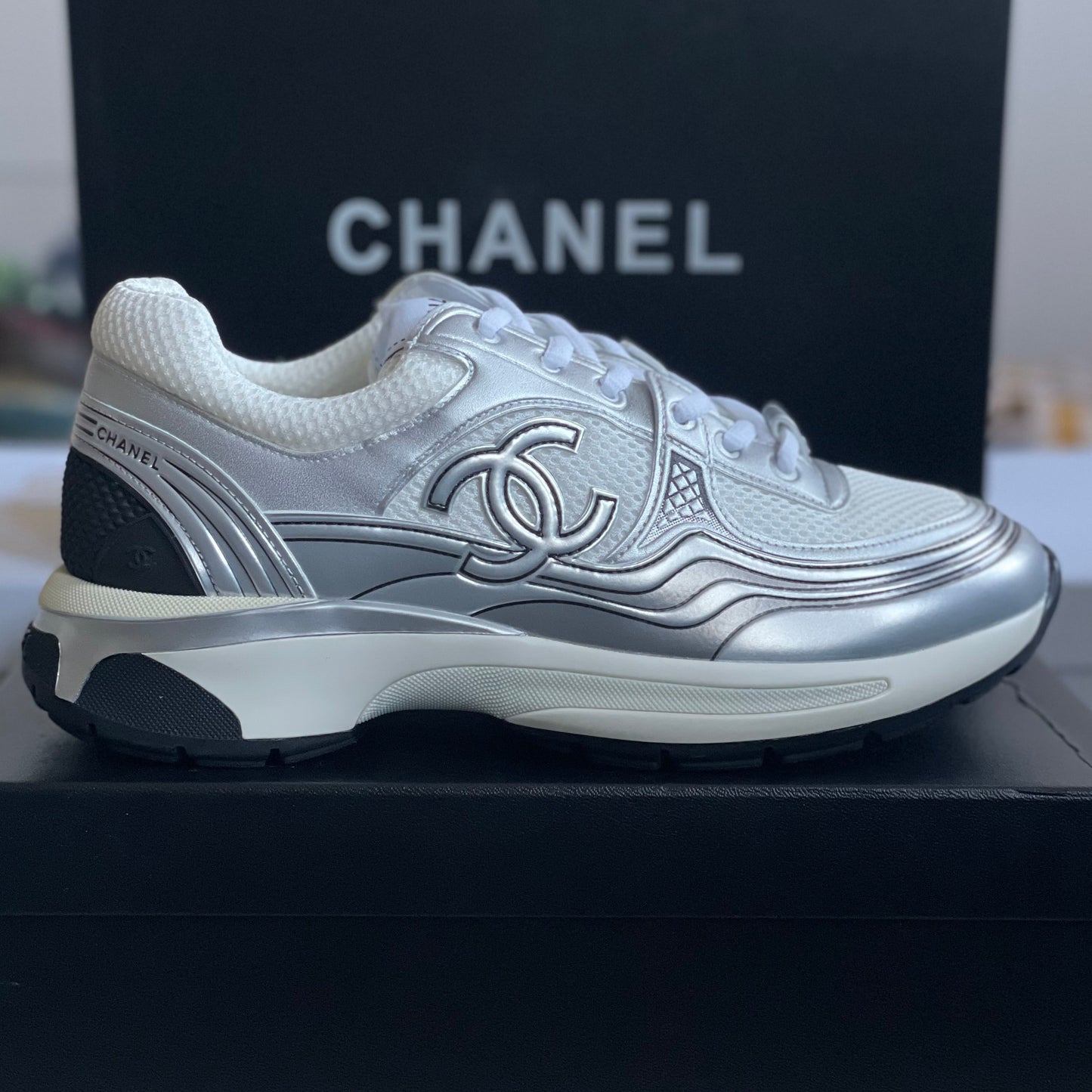 Chanel CC Logo White Silver